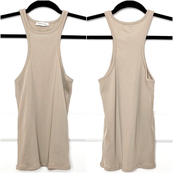 ANINE BING 90s Beige Stretch Rib Knit Sleeveless Sculpting Racerback Tank Top S - Picture 5 of 9